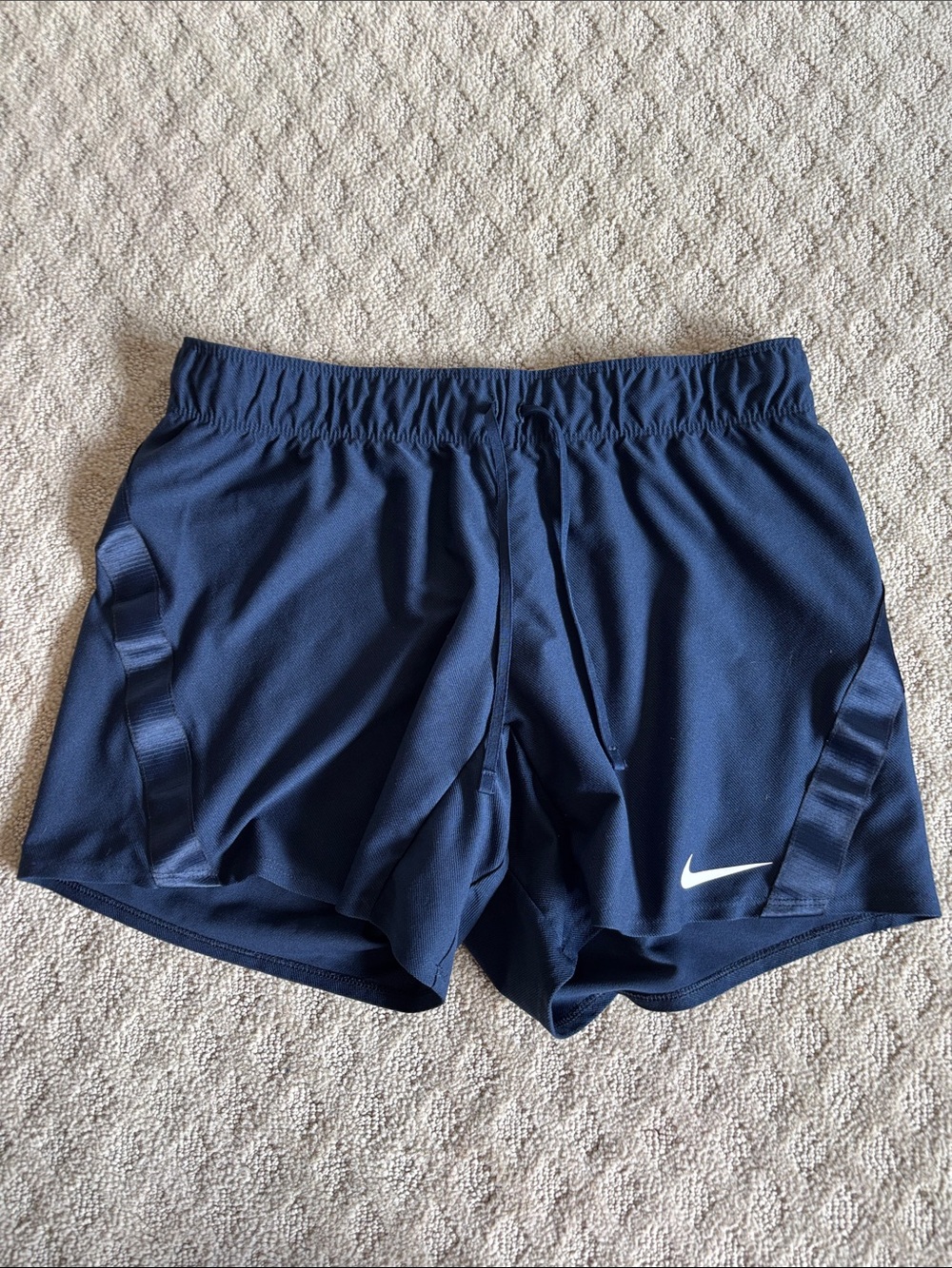 Nike Women's Dark Blue Running Shorts with White Swoosh
